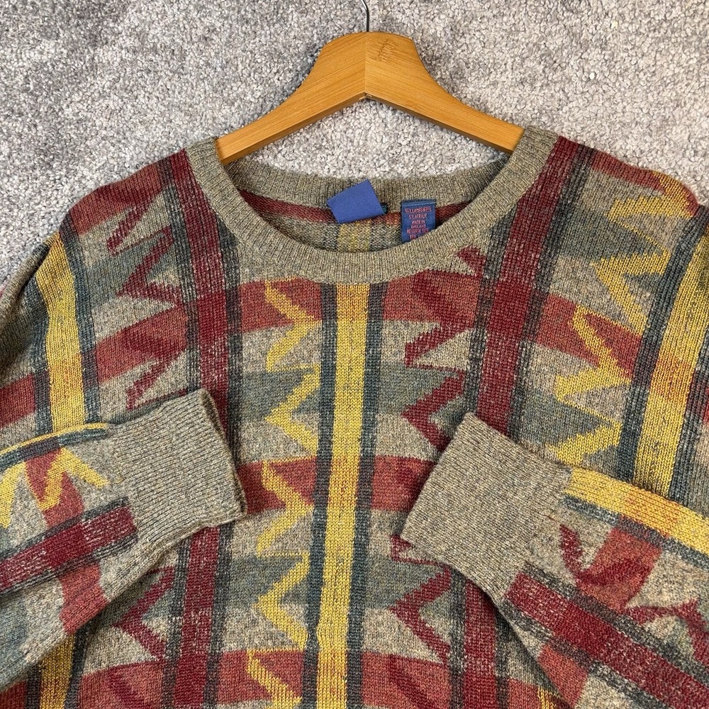 VTG Knit Sweater Men's Large Art2Wear Lambswool Geometric Retro 90s Woodward